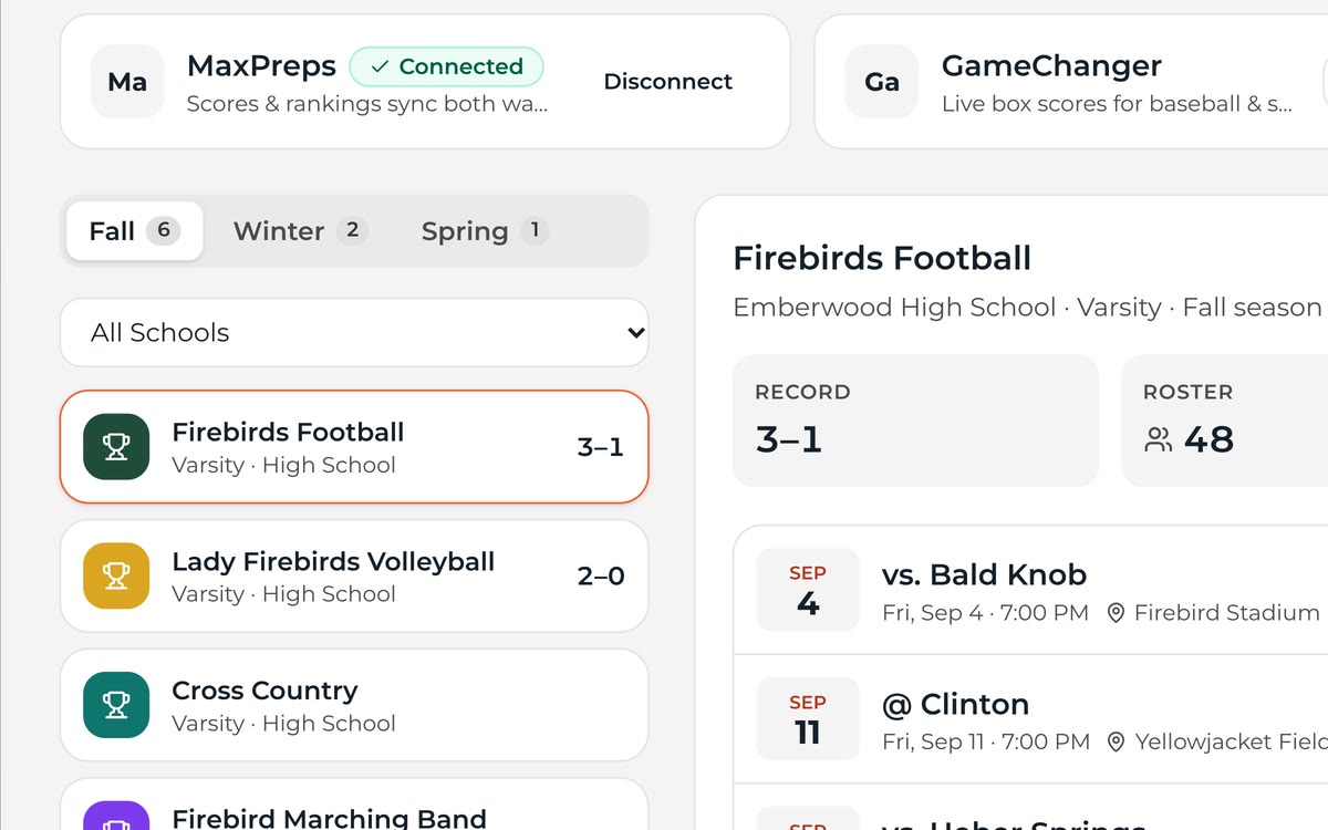 Athletics scheduling connections showing connected scheduling and scores services.