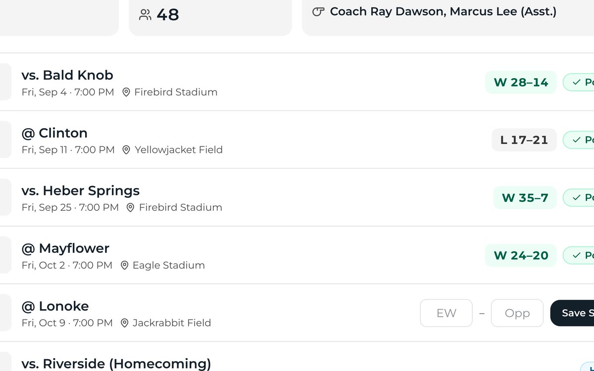 Game schedule with final scores posted and a Save Score form.