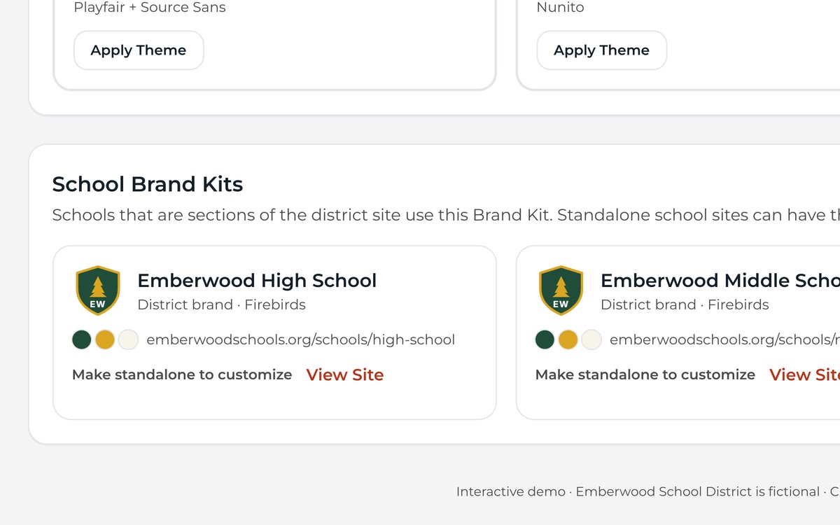 School brand kits for each school with their own colors.