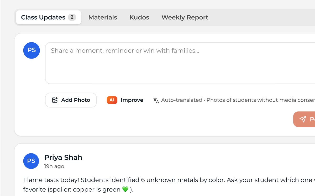 Class update composer with photo, AI Improve and Post to Class.
