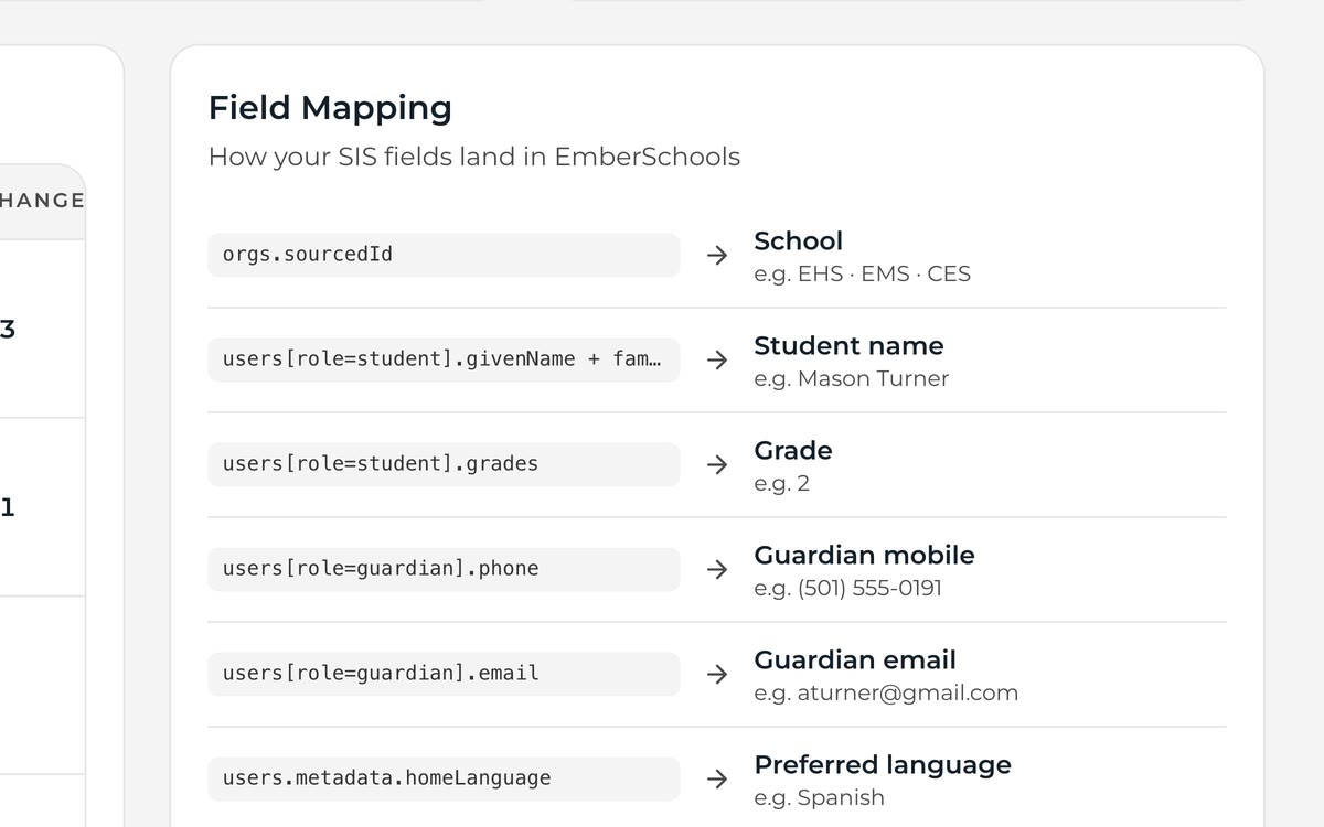 Field mapping table that maps SIS fields to EmberSchools fields.