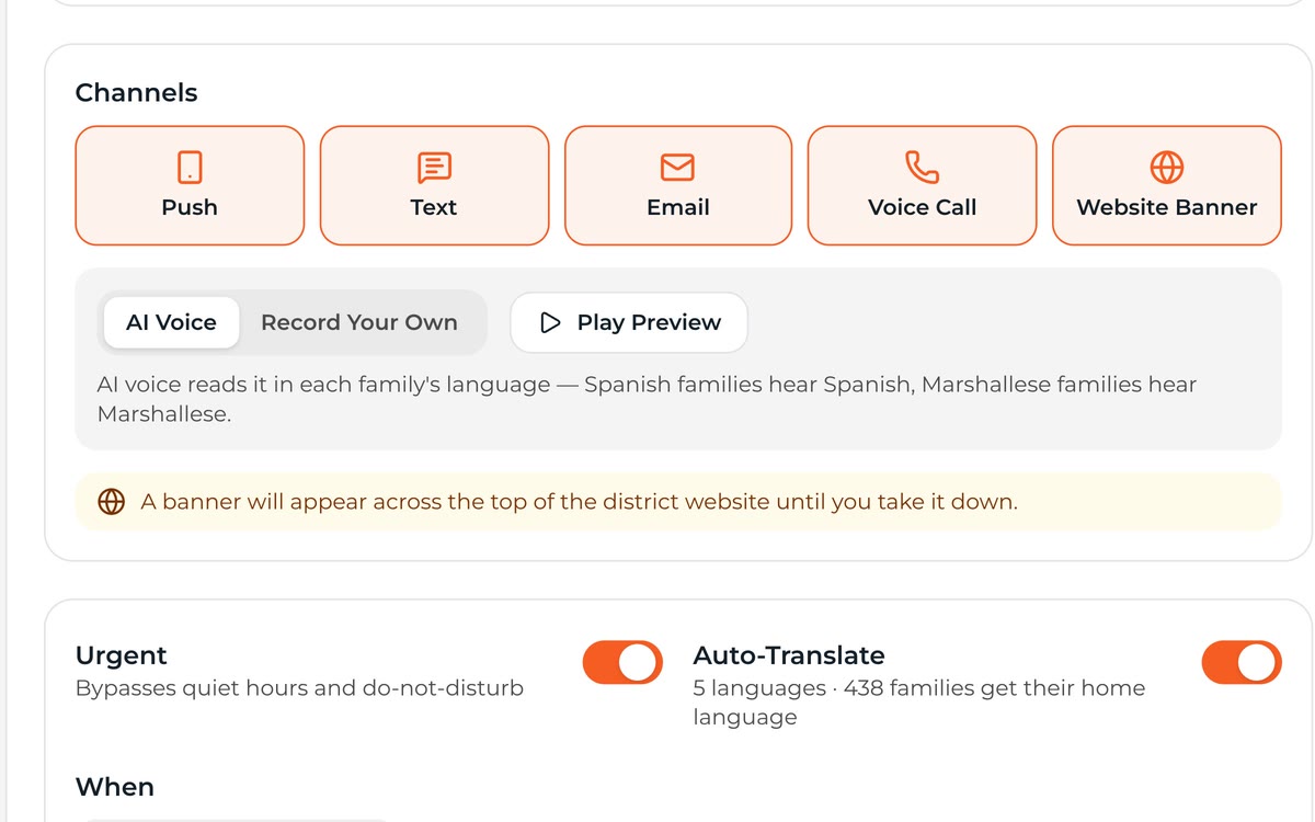 Flare composer channel list with text, voice call, email, push and website banner selected, beside a phone preview of the alert.