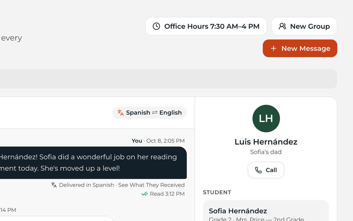 Hearth inbox with office hours set and conversations with families, classes and staff.
