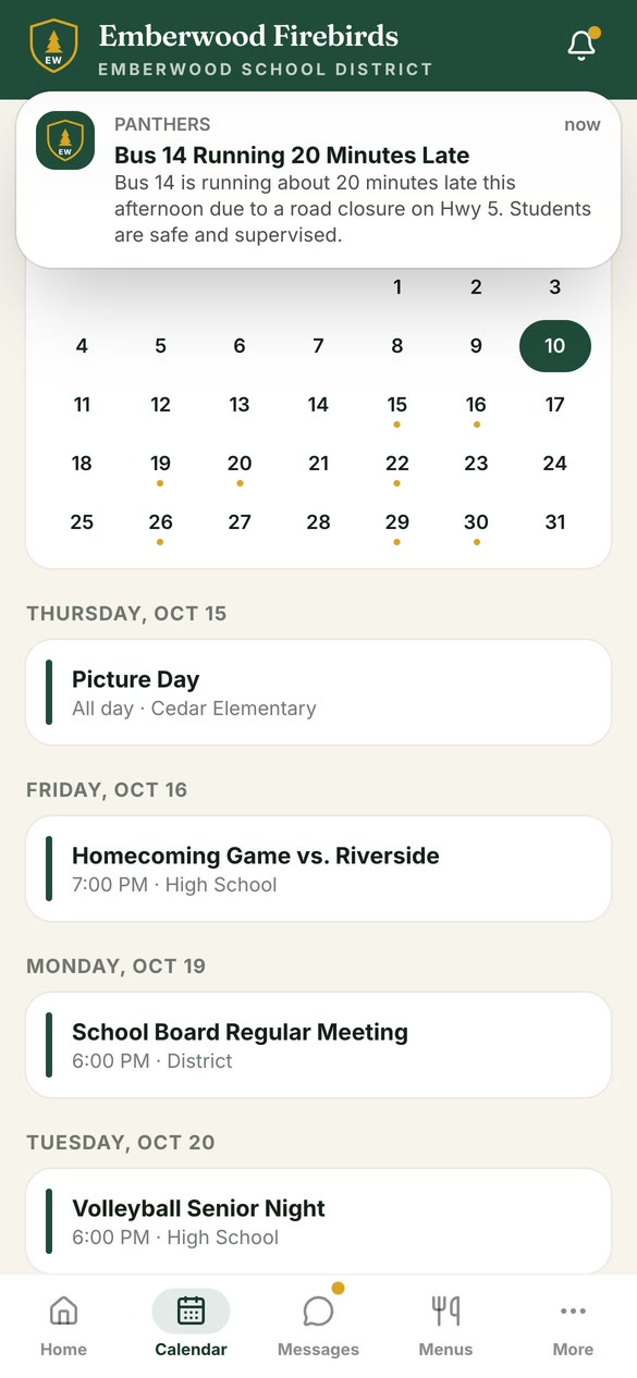 District app calendar tab with upcoming events.