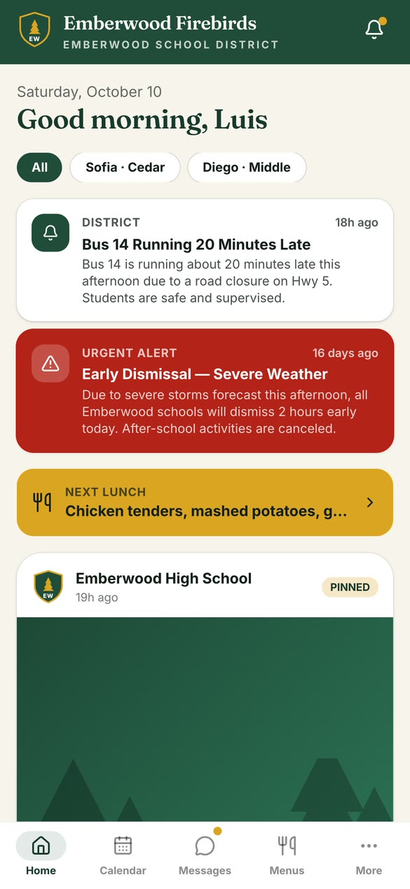 District app home screen filtered by a family's children and schools.