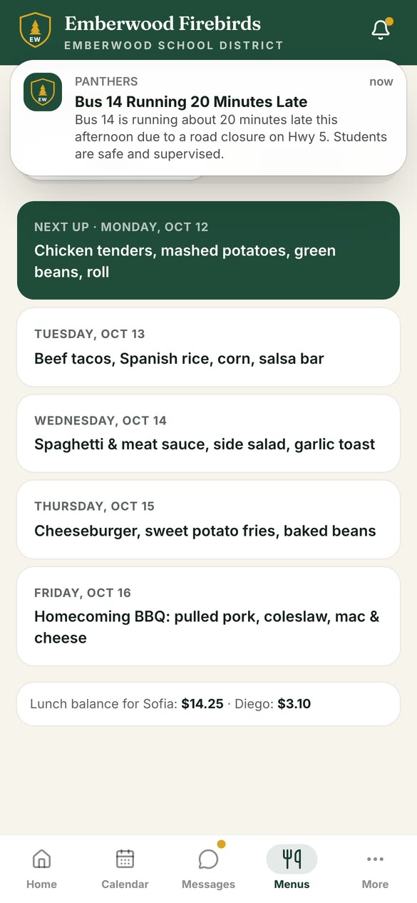 District app lunch menu tab.