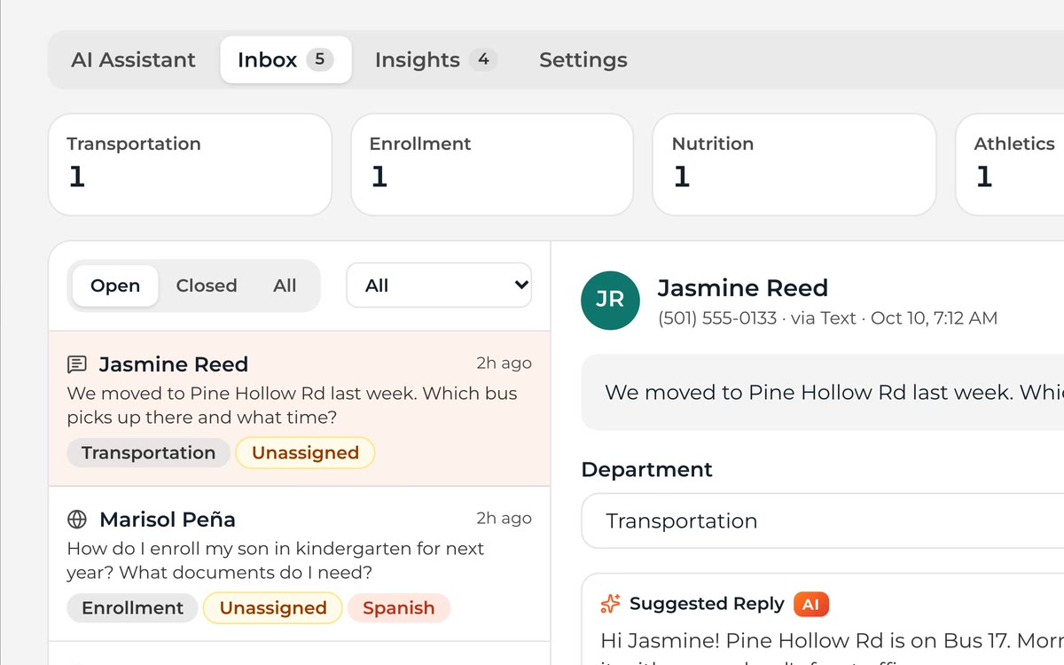 Scout inbox of questions routed to staff for a human answer.