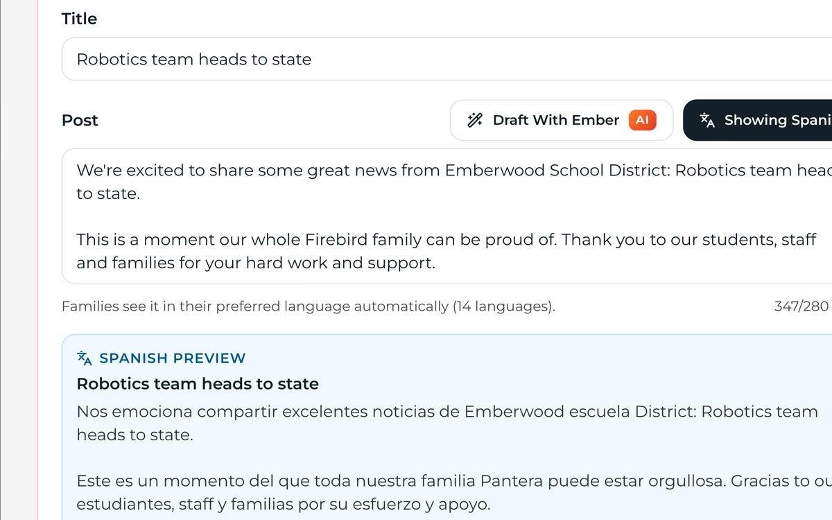Spark composer after Draft With Ember wrote a full post from a short title, with a Spanish translation preview below it.