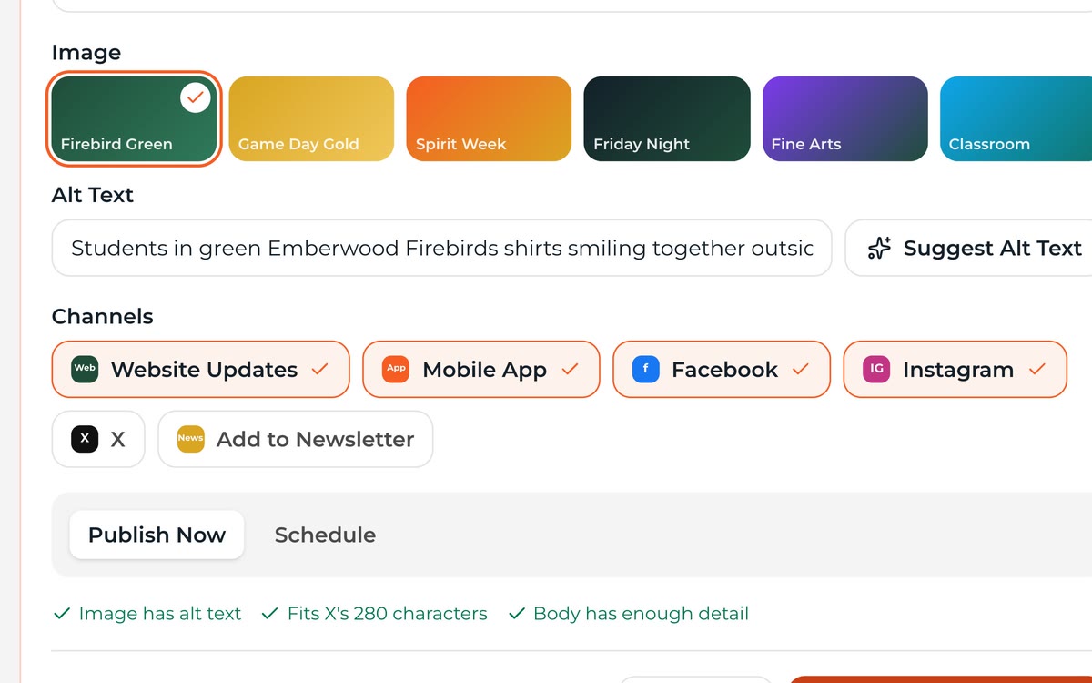 Spark composer image picker with suggested alt text filled in and an accessibility checklist marked complete.