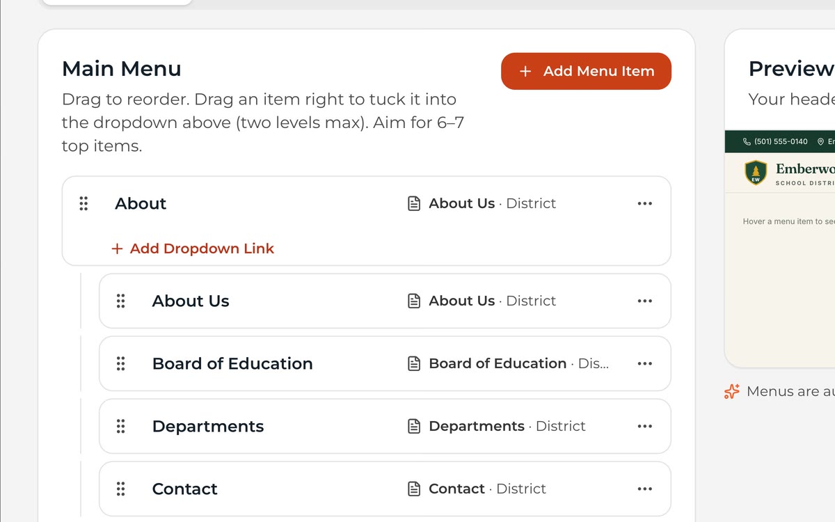 Navigation editor with menu items and footer links.